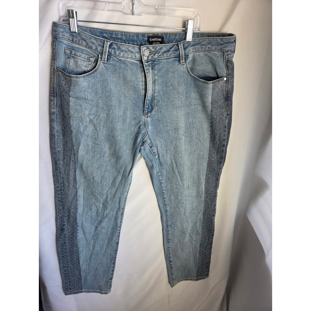 Bebe Rhinestone Side Stripe Jeans Light Wash Two Tone Ankle Denim